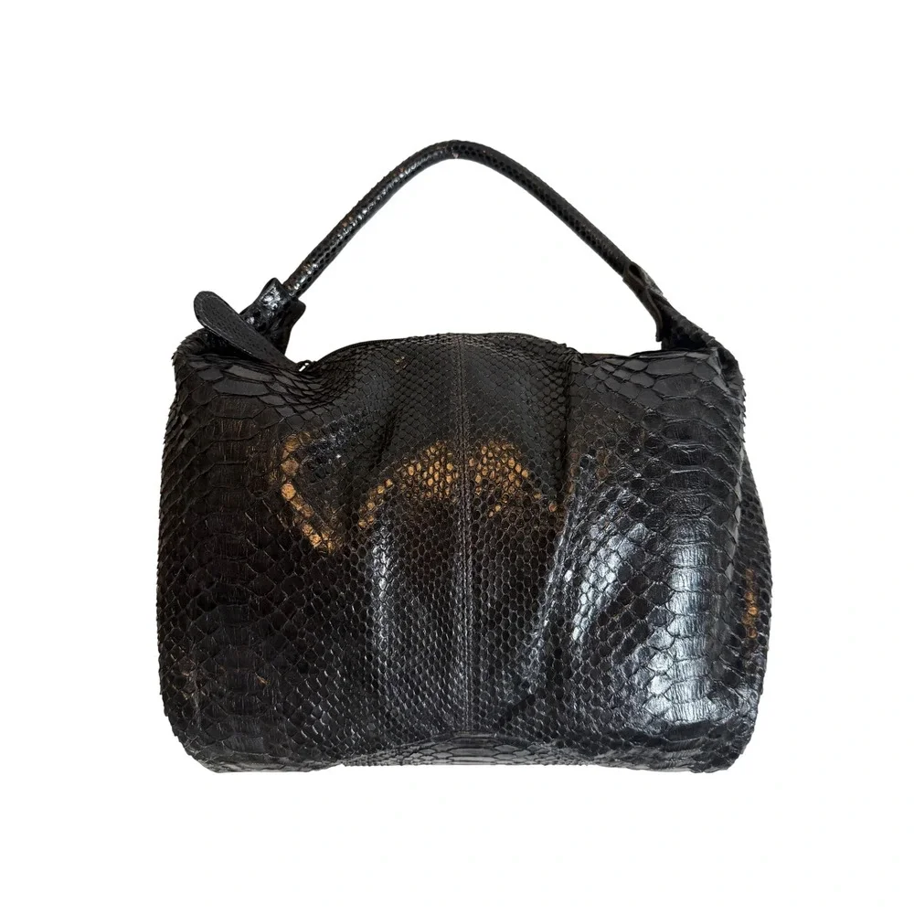 Carlos Falchi Black Python Leather Hobo Bag Teal Suede Lining Exotic Snakeskin